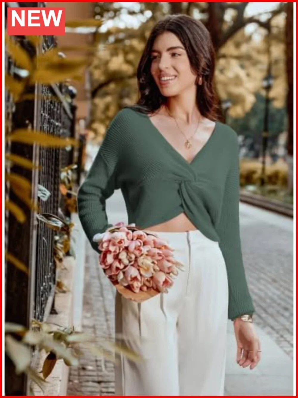 Women's Deep V Neck Twist Front Cropped Sweater Long Sleeve Knit Pullover
